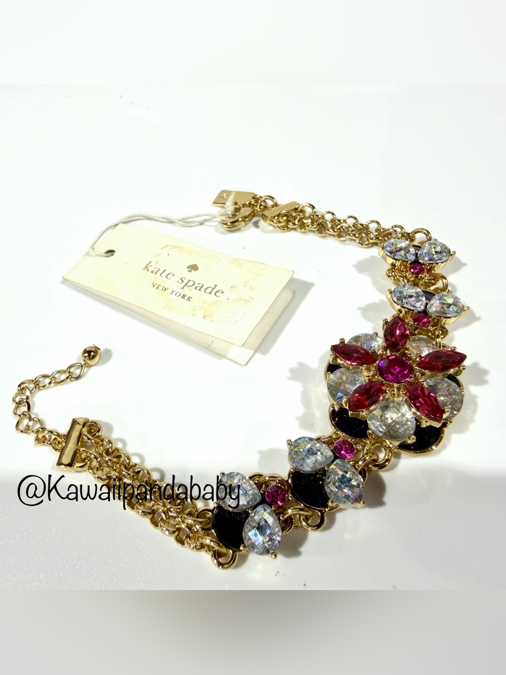 Rare NWT kate spade New York fame & flowers Pink Iridescent Gold Chain Bracelet
